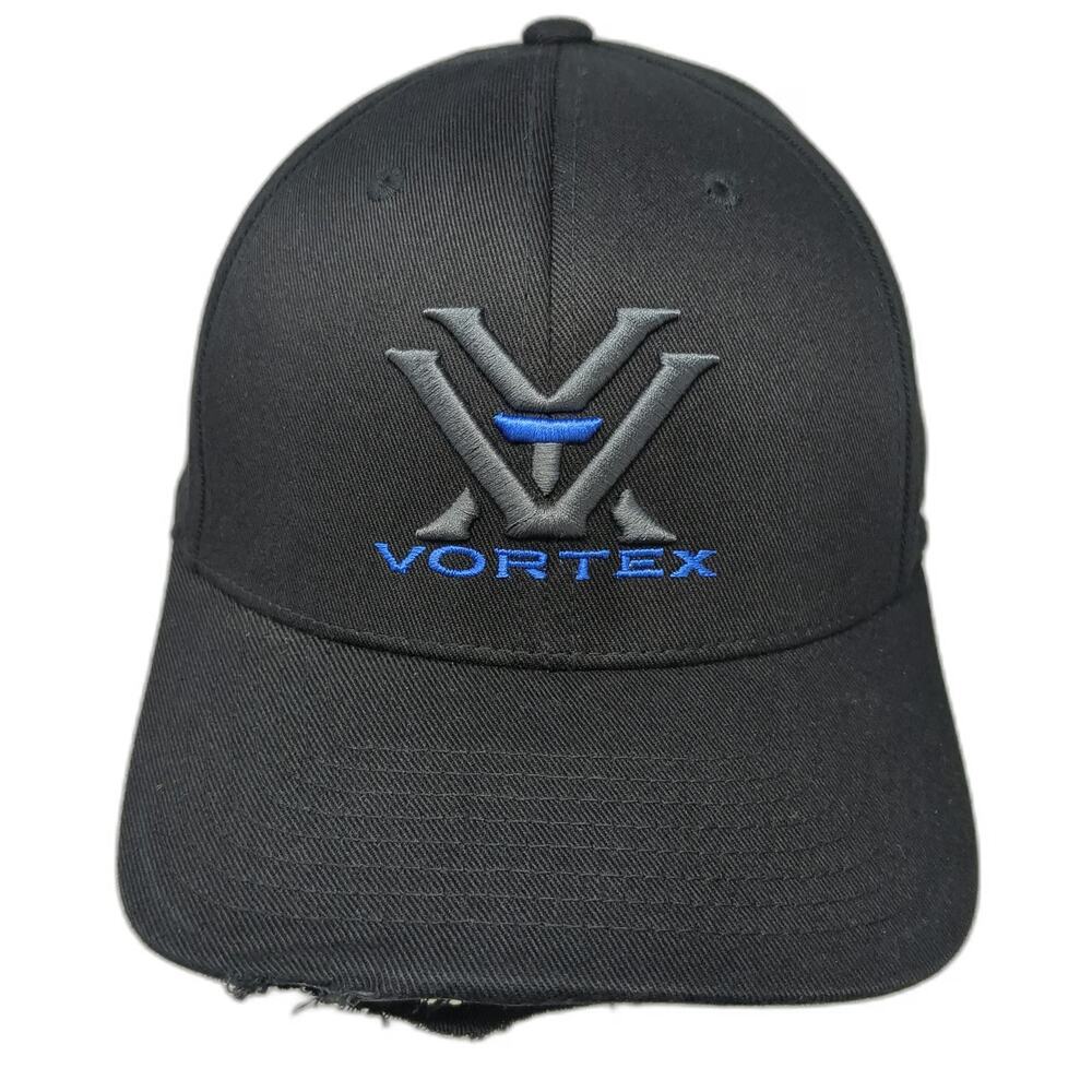 Vortex Baseball Cap Black XL Flexfit Structured Embroidered Logo Distressed Hat
